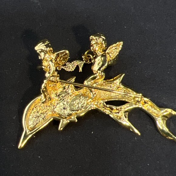 Kirks Folly Gold Tone Cherubs Riding Dolphins Brooch (4178) - Picture 5 of 6